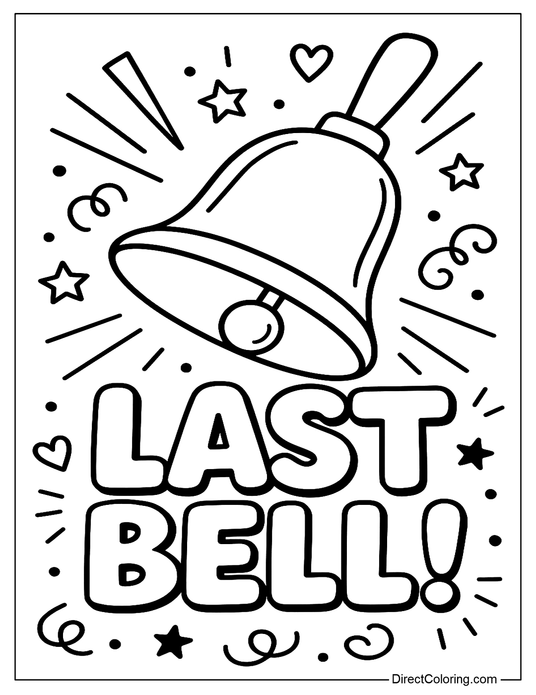a coloring page of a school bell ringing and the words “Last Bell!” surrounded by cartoons.